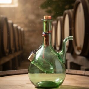 Vintage MCM Hand-Blown Green Glass Porron Decanter With Ice Chamber